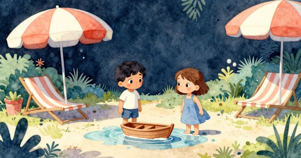 庭院中玩具船漂浮,佐德蹲在石旁,阿黛從遮陽傘走出,陽光明亮,溫馨場景展開