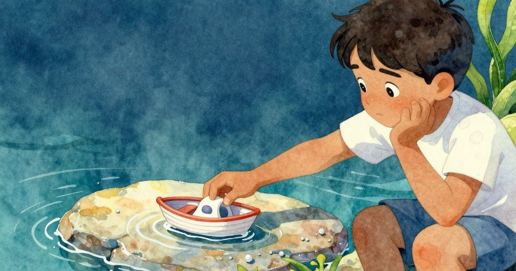 佐德用手指穩住玩具船,赤足立於暖石上,水面細膩波紋中呈現專注互動