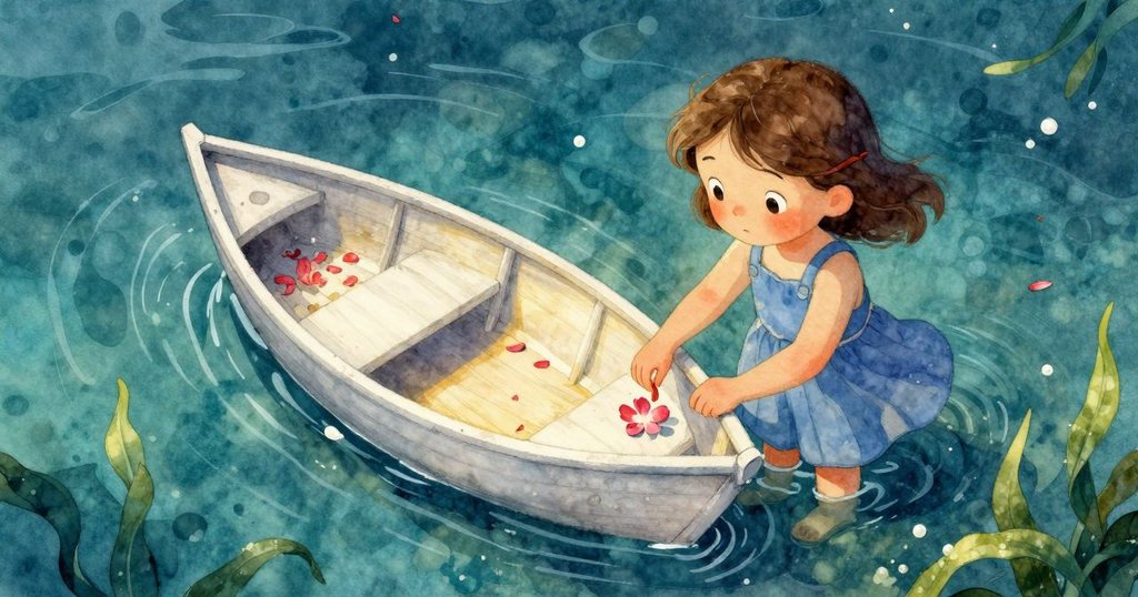 阿黛從高處俯視,輕放花瓣於水面,伴隨小鳥跳躍,展現溫柔探索情感