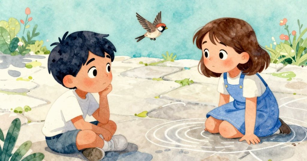 庭院中水面逐漸退去,石上留細粉痕,微風掠過,小鳥振翅,轉變時刻顯現