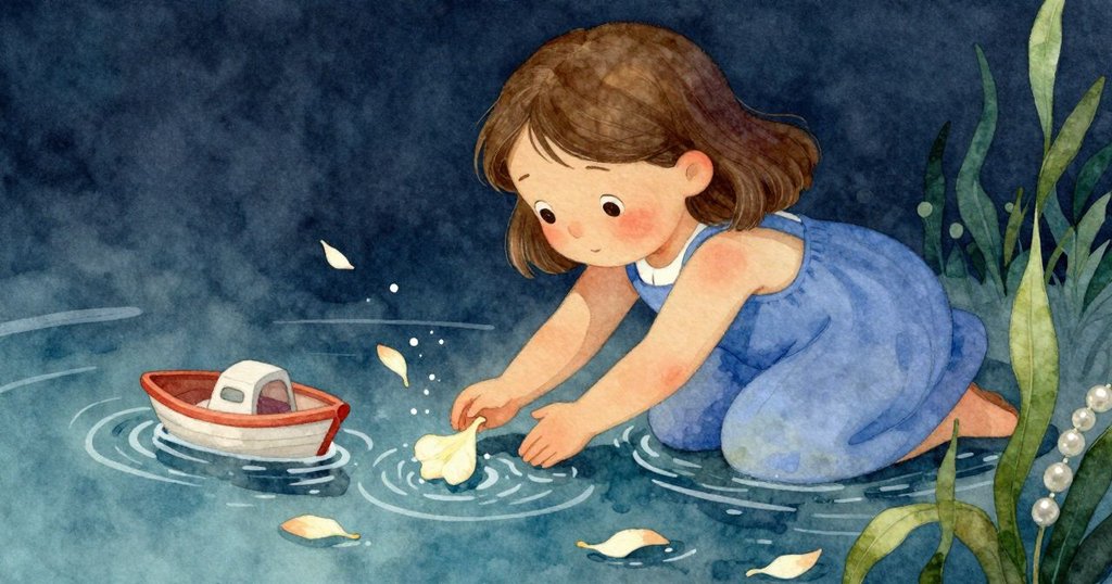 阿黛決定將最後一片花瓣推向樹蔭邊,專注神情中展現內心平靜,與漂流玩具船互動