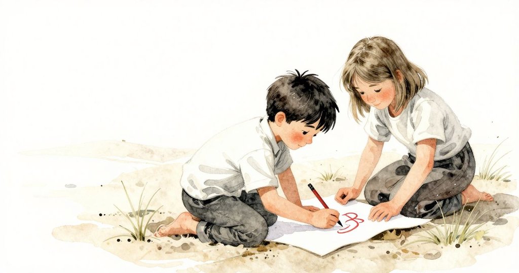 Reed在戶外傾斜構圖中開始繪畫, 背景中Margot調配顏料, 三腳架微晃, 呈現創作初期的神秘與活力