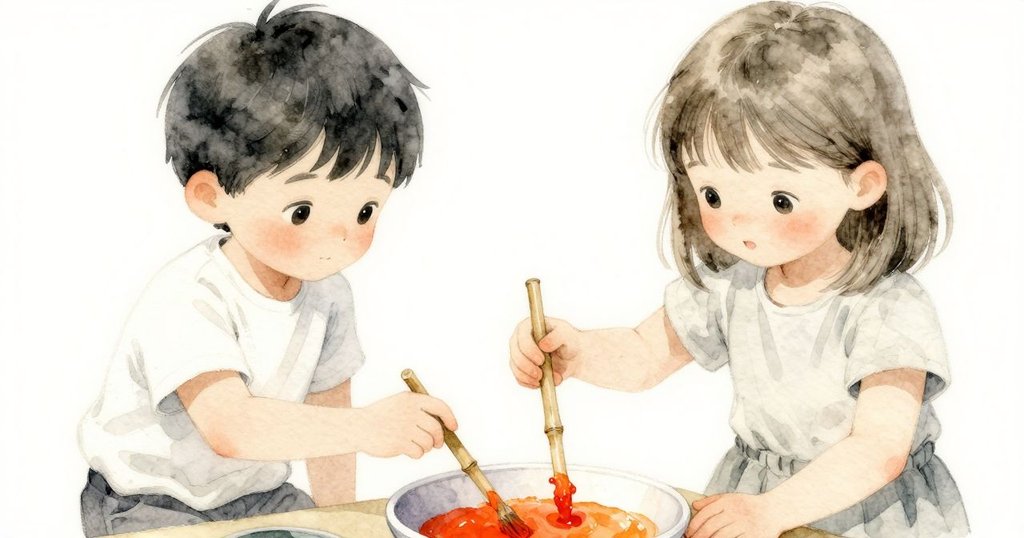 Reed的手在戶外細膩攪拌橘色油漆, 竹棒輕觸顆粒呈現藝術創作過程, 細節豐富且充滿溫暖光線