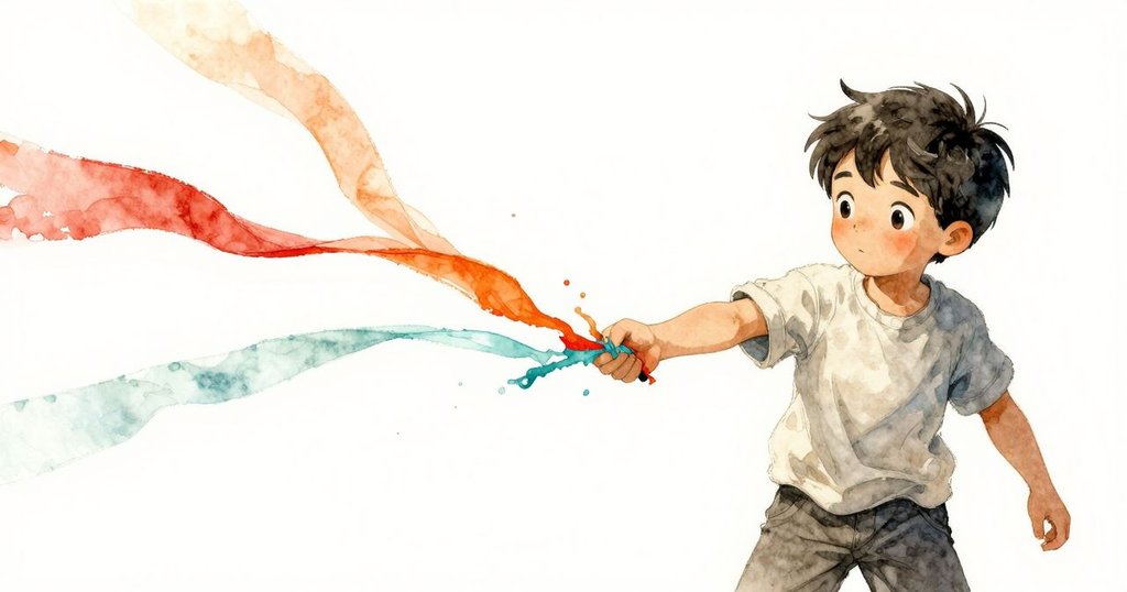 Reed在傾斜構圖中引導顏料流動, 橙與藍綠色交織成撕裂帶, 畫面充滿動感與色彩轉變