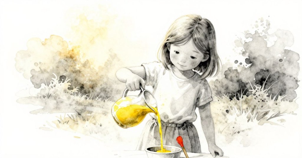 Margot在過渡空間中傾倒顏料, 黃色煙霧在空氣中漂浮, 臉上專注神情傳遞出創作轉折的溫暖氛圍