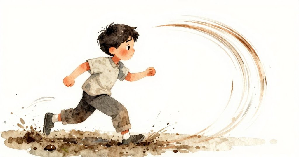 三腳架在風中快速移動, 留下明顯動感軌跡, 畫布上新現銅色弧線, 突顯戶外創作的活力與轉變