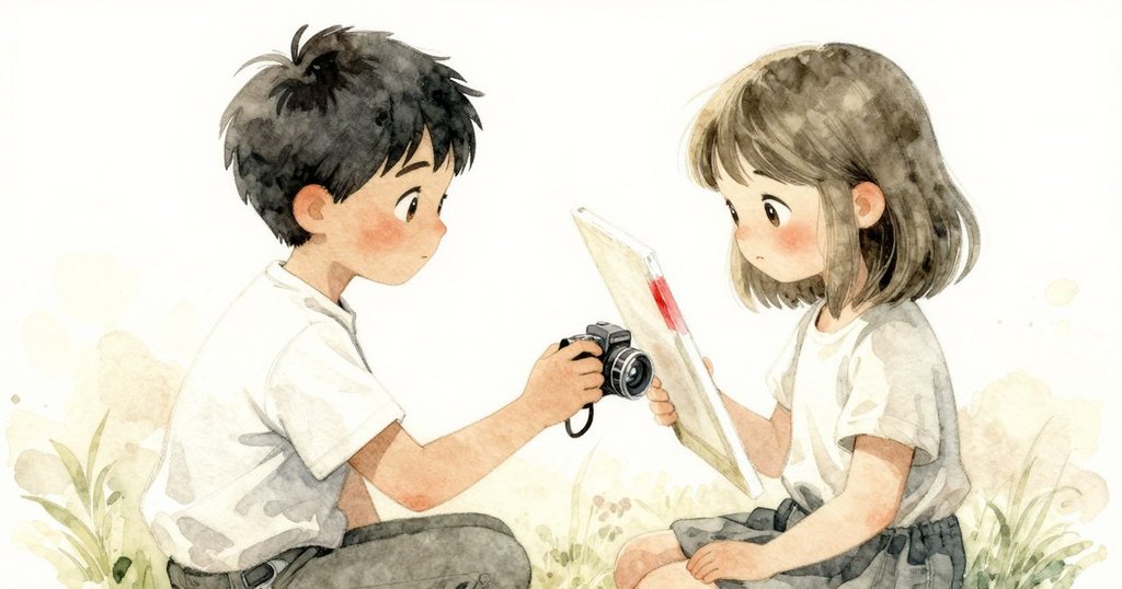 Reed與Margot溫馨互動, Reed呈現完成畫布, Margot專心拍攝藝術成果, 臉上滿溢創作喜悅, 戶外柔和光線營造出完美結局