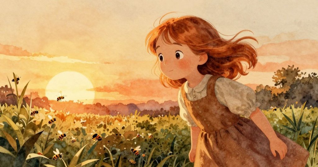 Vera 在溫暖夕陽下跪於石路旁，調整石箭，背景有樹籬和嗡嗡蜜蜂，展現故事開端與探索情緒