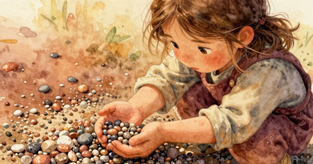 Lily 小心打開裝石子的袋子，專注地將石子倒在碎石上，場景細膩展現物品與動作