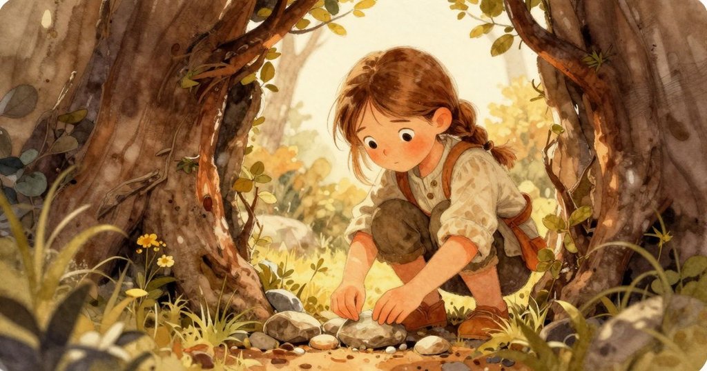 從灌木縫隙中觀察到 Lily 正聚精會神地排放石子，神情堅定，環境充滿自然光影，故事逐步展開