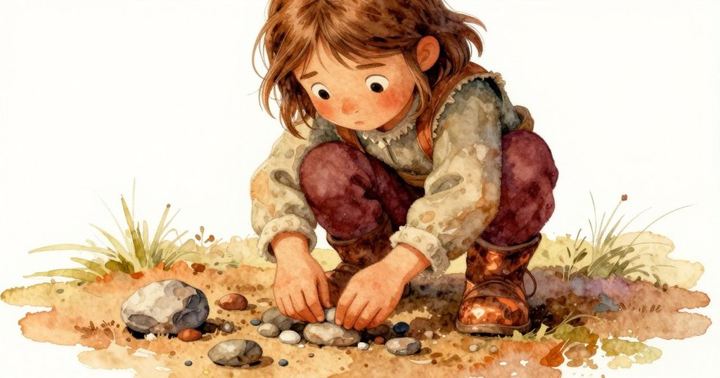 Lily 膝跪調整石子與薰衣草枝，神情專注略帶挫折，動作細膩刻畫矯正過程，情節進入高潮