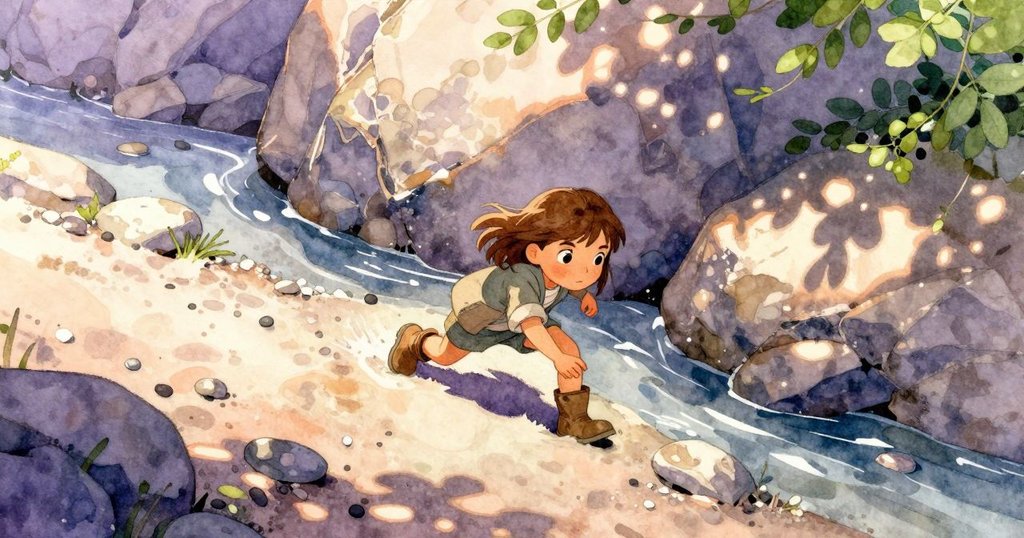 雅拉蹲在狹窄的溪口，推開濕潤石子，檢查泥土塊，背景有半建堰壩，顯得充滿探索精神。