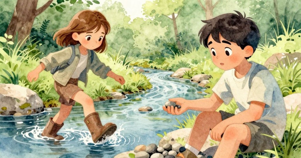 雅拉向下游走查看堰壩變化，克萊德在上游輕彈石子並翻閱筆記本，旁邊放著散發果香的橘袋，畫面分割呈現雙重情境。