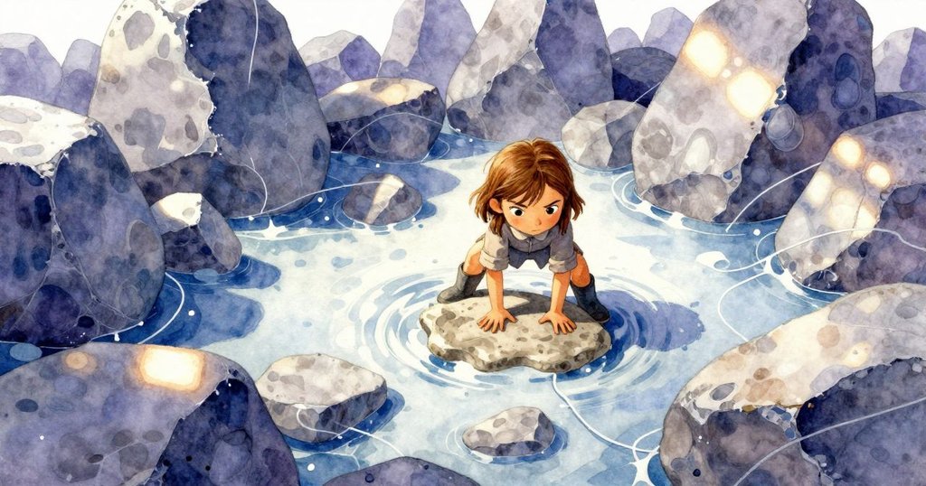 雅拉將富纖維泥板夾入錯位的巨石間，冷水穿流形成超現實結構，整體畫面充滿神秘且動態的空間感。