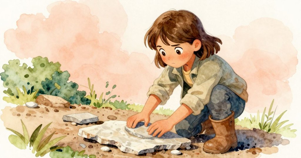 雅拉走向露出的頁岩，專注地將濕潤光滑的頁岩片嵌入巨石之間，彰顯堅毅與面對挑戰的決心。