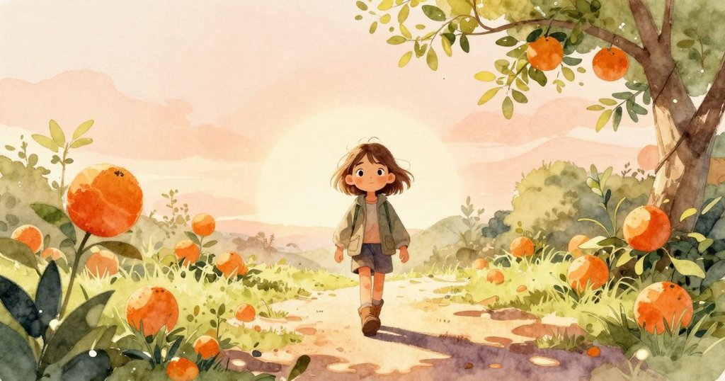 雅拉面帶微笑前行，走向充滿橘色果實的上游道路，背景中溪流輕語，寓意著新起點和希望。