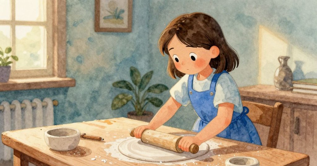 Gwen 在明亮的室內，用擀麵杖製作陶泥，動作專注，桌上擺滿陶泥與工具，展現故事開始