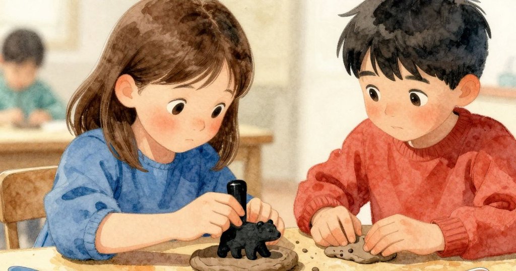 Gwen 正準備按下黑熊印章，陶泥上出現深淺不均的紋理，背景中同學輕拍袖子，展現細膩對比