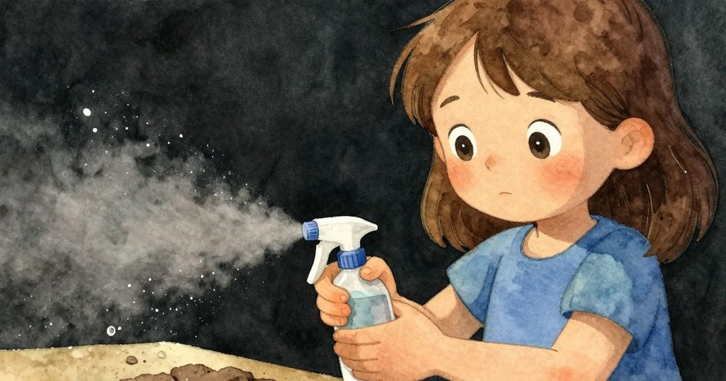 Gwen 以第一人稱視角持噴霧瓶輕噴陶泥，水霧讓陶泥表面呈現細緻斑點，展現製作細節