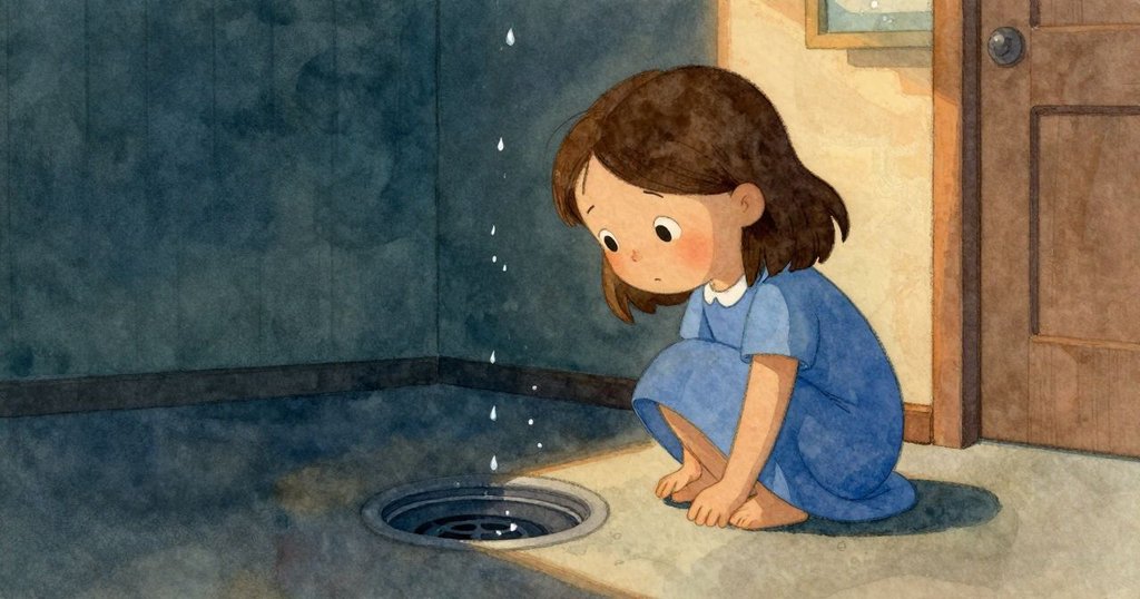 Gwen 靜靜地觀看水滴流入排水口，室內充滿傍晚柔和光線，展現溫暖平靜的完成感