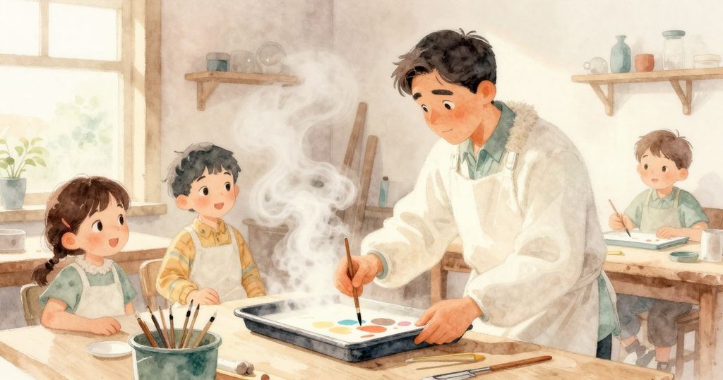 哈里斯在工作室內認真操作調色盤,燈籠散發蒸氣,場景傾斜展現初始神秘與探索情緒