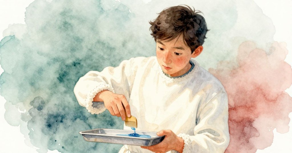 哈里斯分割畫面中一側滴落藍色水滴,另一側運用梳子平滑調色,展現動態交織與創新進程