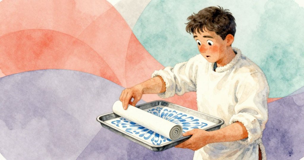 哈里斯在超現實幾何變化中將紙輕壓於調色盤上,藍色版塊循環推進,情節達到高潮