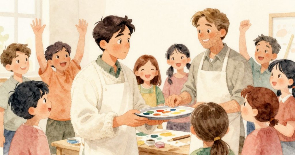 哈里斯展示創作成果,師長與同事們圍繞讚賞,工作室內溫馨喜悅映襯情節轉變