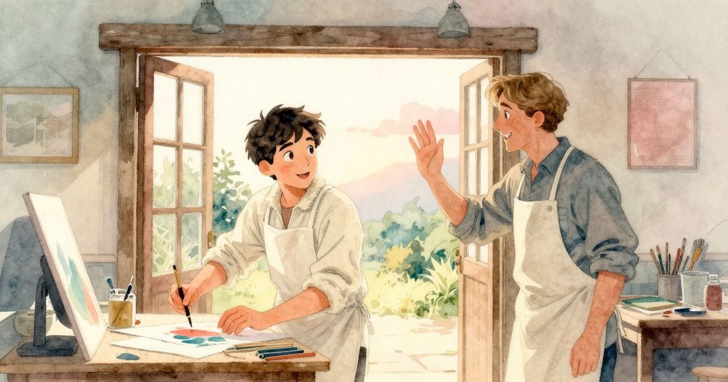 哈里斯收拾完畢作品,師長在工作室門口溫柔揮手告別,場景展現安靜完成與溫馨離別情懷