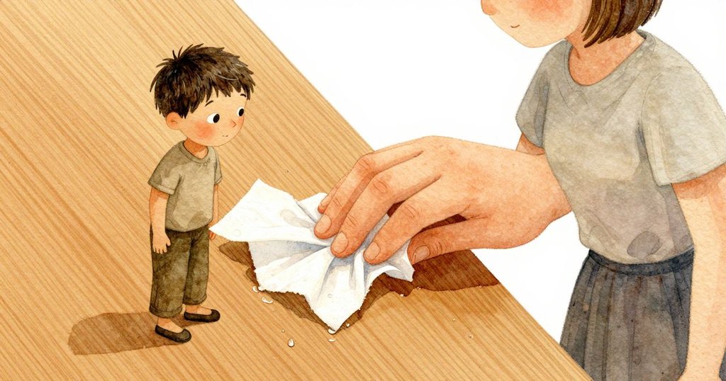 拉斯的手輕推破紙，近距離展現木板上閃爍水珠，細膩光影中透出故事伏筆