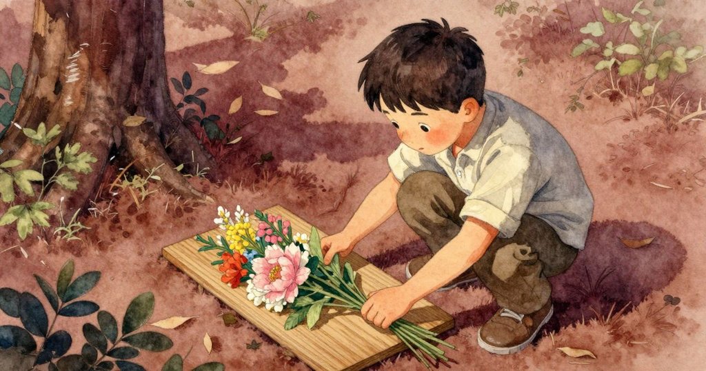 從上方俯瞰拉斯細察花束中每枝花莖，柔和光線映出霧氣輕拂花瓣的細節，場面充滿靜謐氛圍