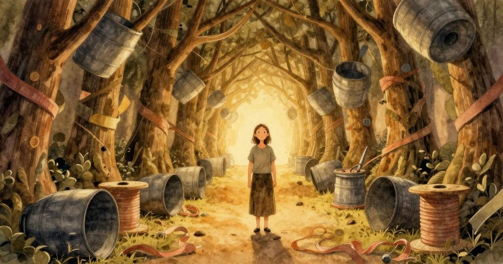 走廊中母親整理賀卡，棕色狗輕嗅薰衣草，空間似迷宮般交錯桶與絲帶，營造出奇幻幾何感