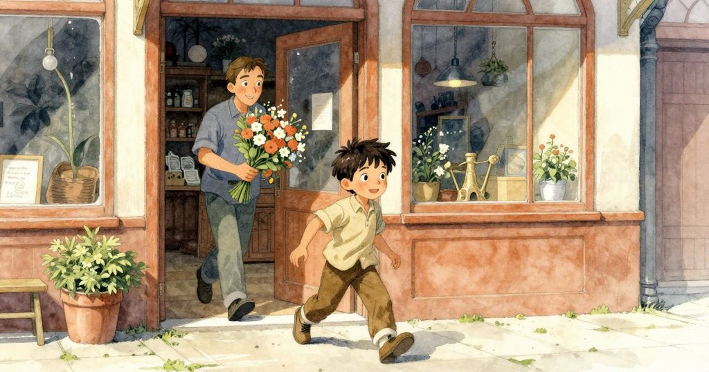 拉斯帶著花束走向門外，濕潤手指觸感著出門微涼氣息，門外展示旁有異鳥，場景表現故事結局與新鮮氣氛