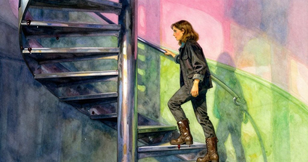 Adele 穿著實用服裝在螺旋樓梯上, 仔細觀察鐵階上黑暗墨滴, 神情充滿好奇, 燈光溫暖柔和, 故事開端