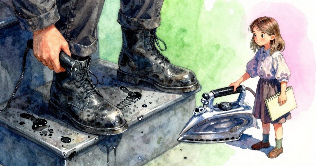 Adele 輕觸鐵階表面, 細膩展現油墨般污跡與足跡, 質感突出, 燈光集中, 情緒柔和探索