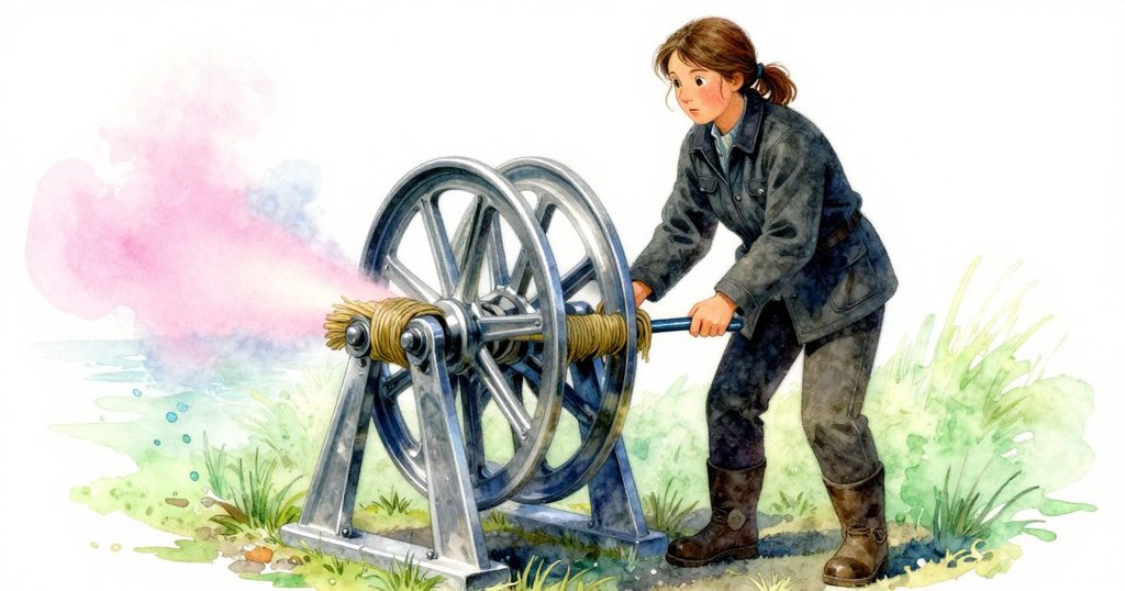 Adele 緊握風車手柄, 用乾草固定油膩表面, 同時感受透過樓梯格栅進來的海霧, 表情堅定