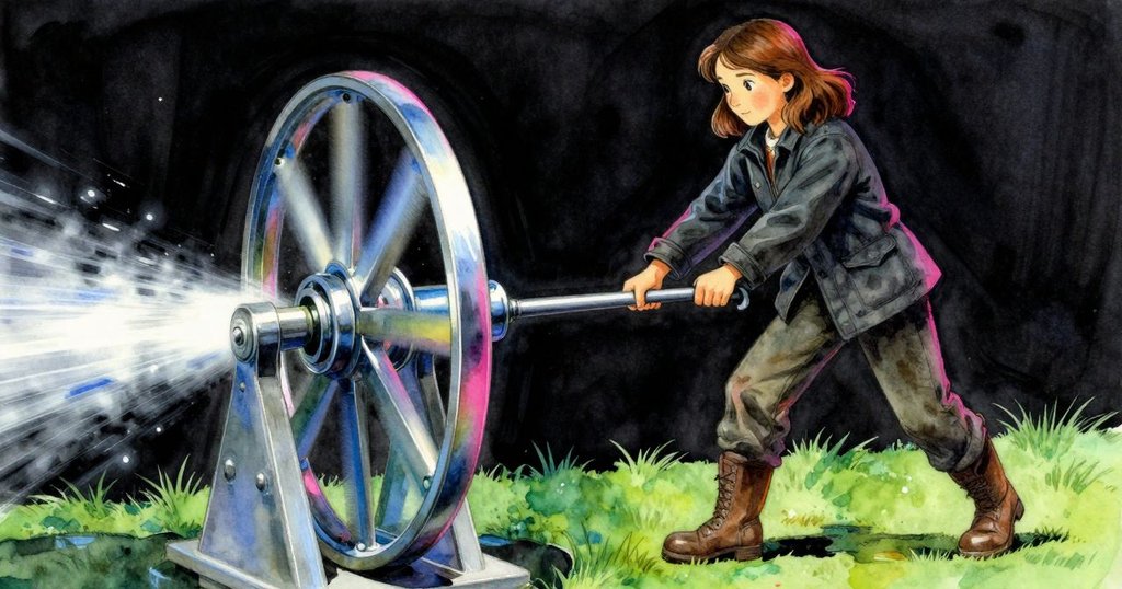 Adele 強有力地轉動風車手柄, 乾草沾滿墨汁隨動態飛揚, 手部細節清晰, 氣氛緊張且充滿動感