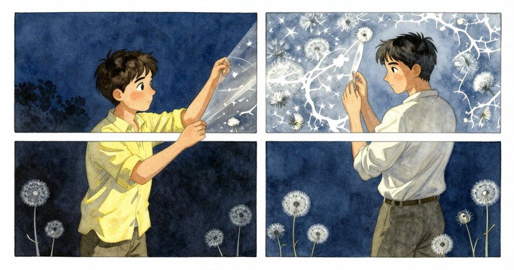 Drake分鏡展示細心調整操作與銀膜映出蒲公英和彩虹雙重奇景,呈現驚喜與謹慎心情