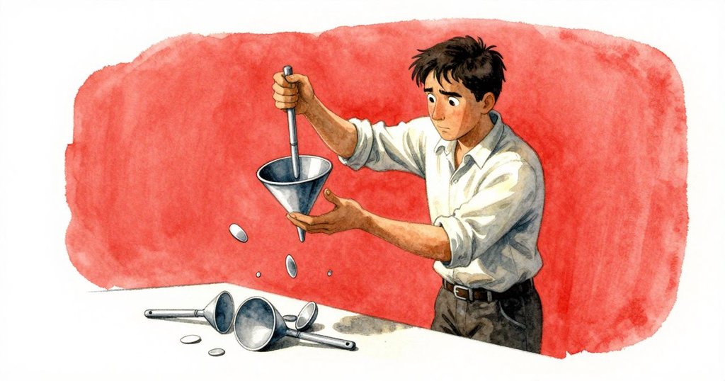 Drake在操作中遇到意外器具散落,利用漏斗穩定情況,同時回憶細心修正過程,情緒沉著