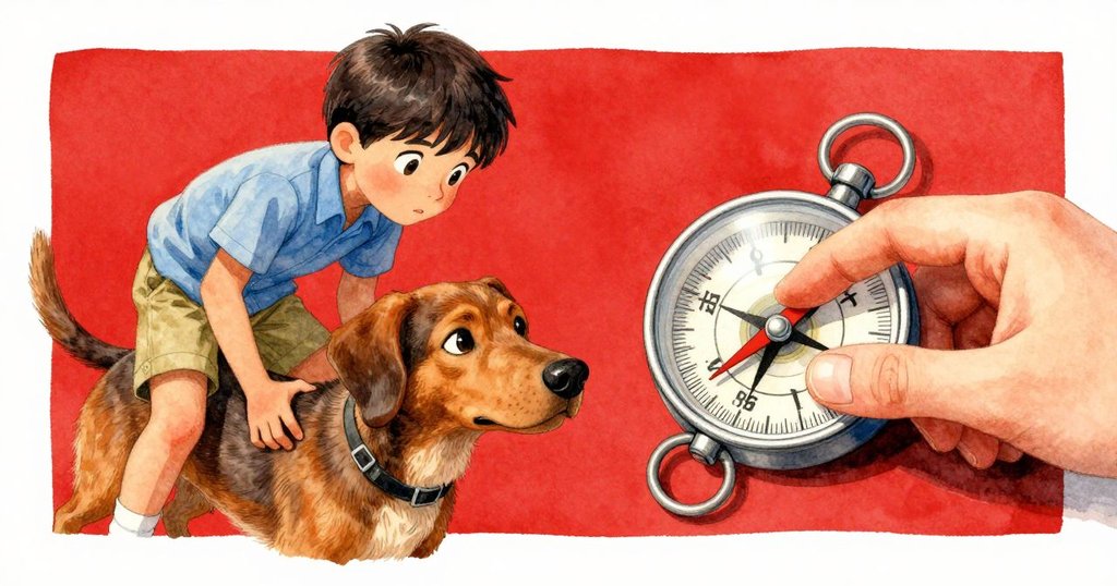 特寫鏡頭中，羅盤的刻痕與紅針清晰呈現，特羅伊輕觸塑料盒，細節豐富，光線明亮