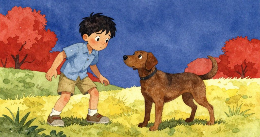 特羅伊與狗在層次分明的戶外場景中互動，木柱、標記石和旗杆形成豐富背景，動態十足