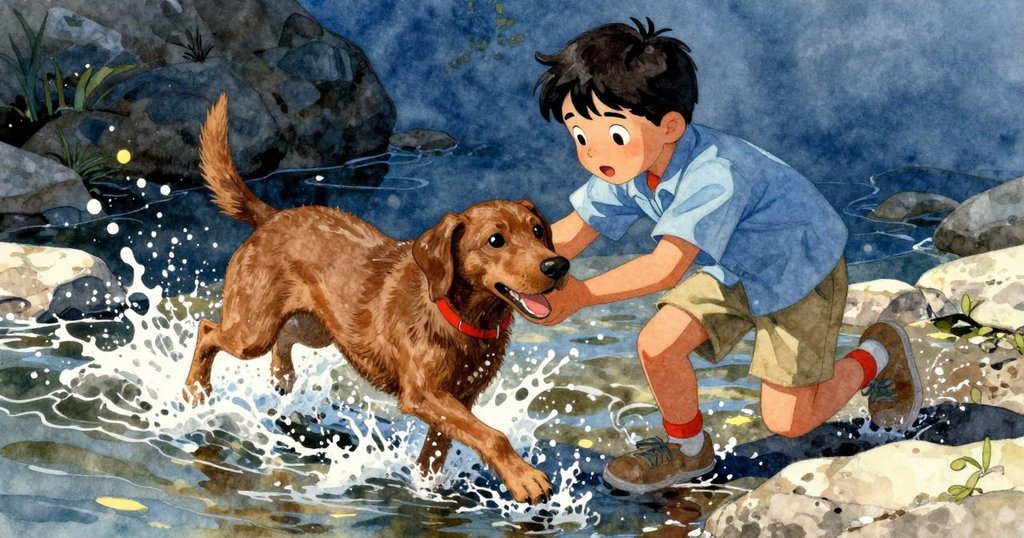 溪邊場景中，特羅伊集中操作羅盤，水花濺起打在標記石上，狗奔跑衝刺，神情專注且矛盾