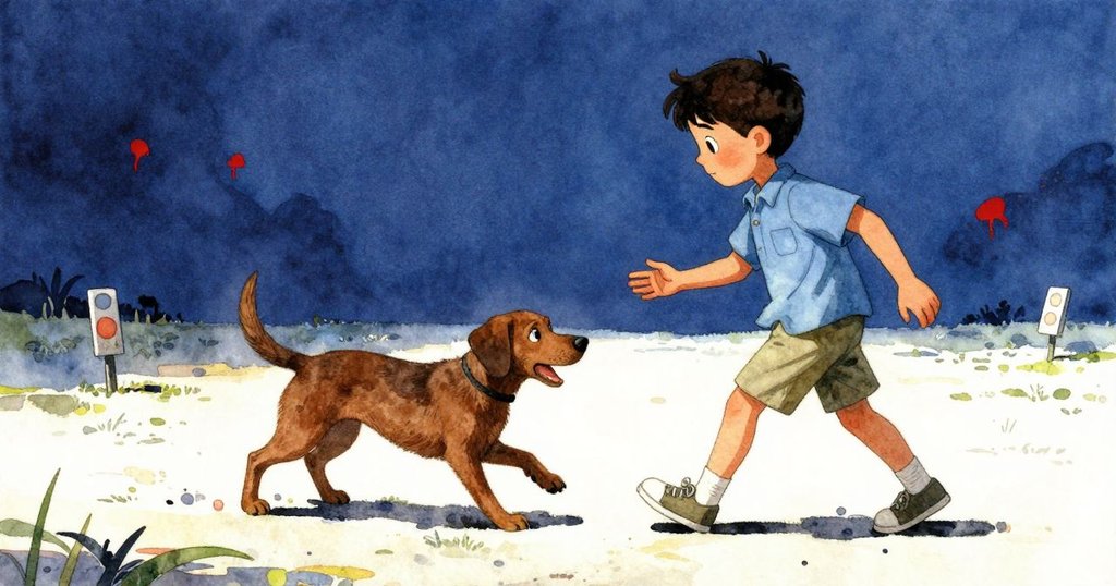 告別時刻中，特羅伊用備用樁固定羅盤，狗尾掃過草地，遠景中場地逐漸縮小，氣氛沉思且活力十足