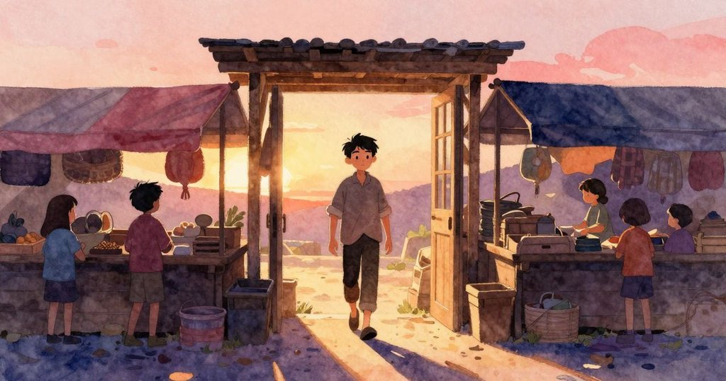 Heath 穿越市場入口, 與手中紙袋互動, 木質建構與貨架環繞, 神情好奇踏入場景