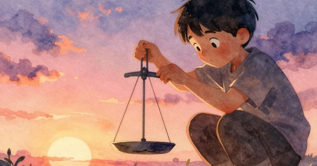 Heath 專注觀看銅天平指針, 手持紙袋, 眼中閃爍好奇光芒, 市場內溫暖燈光映照