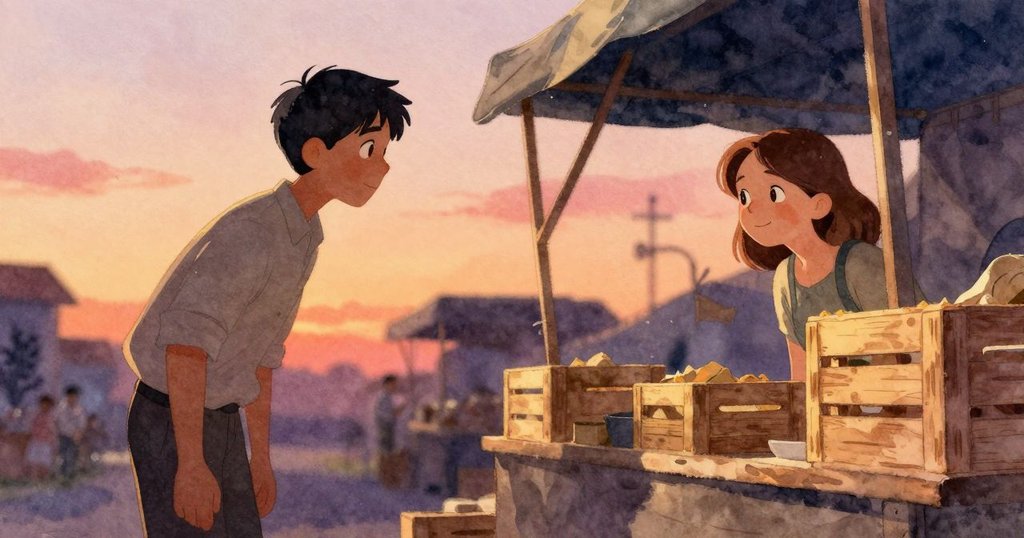 Janet 從木箱縫隙中觀察, 調整購物袋, 表情專注關心, 市場內木質結構與溫暖燈光交織