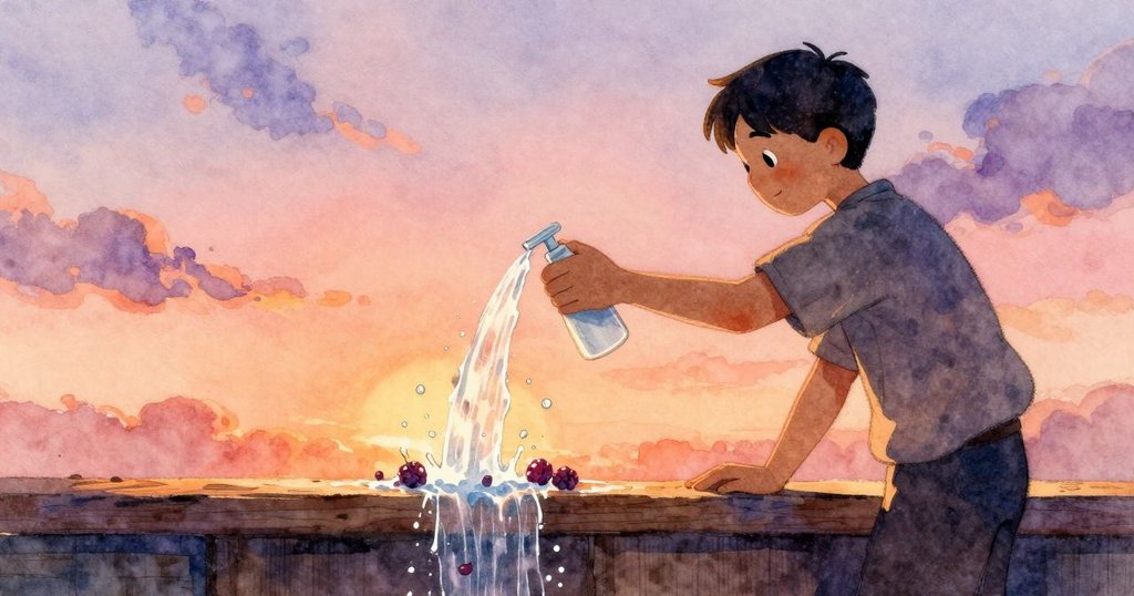 市場櫃檯劇烈晃動, 噴霧瓶傾倒噴出水流, 漿果滑動, 小麻雀驚飛散落羽毛, 氣氛略顯超現實