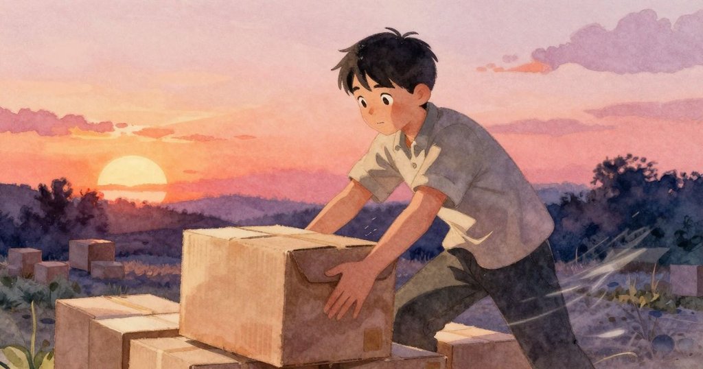 Heath 快速滑動空果盒至移動箱下, 漿果停滯發出輕微塑膠響聲, 小麻雀靜落棉架, 氣氛緊湊動感