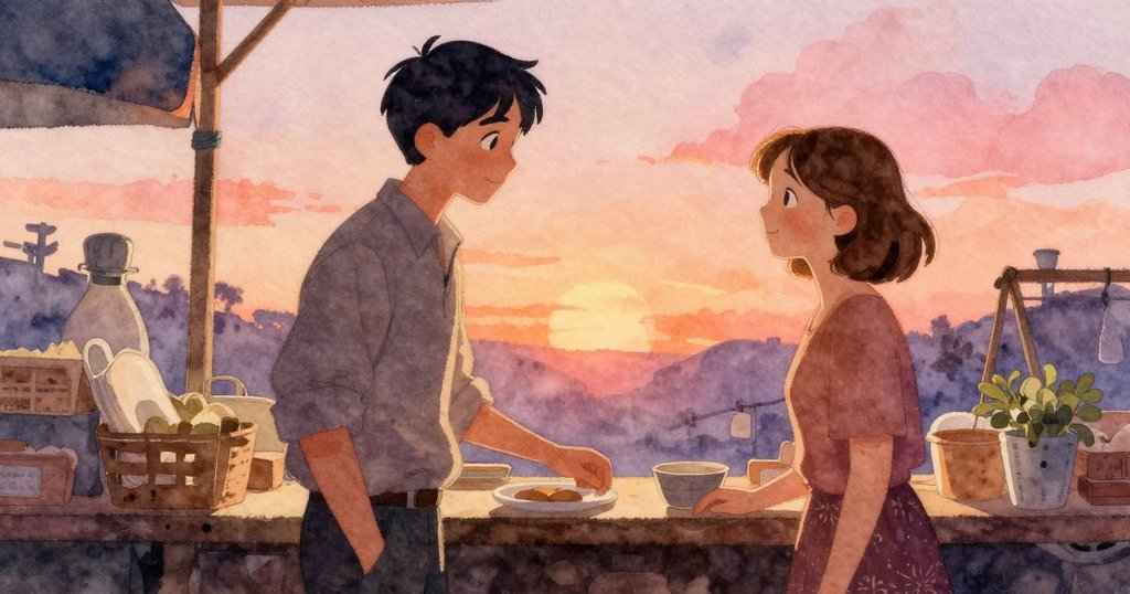 Janet 舒緩呼氣, Heath 輕巧關上噴霧瓶, 銅天平上濕跡分明, 市場內燈光柔和營造平靜結局