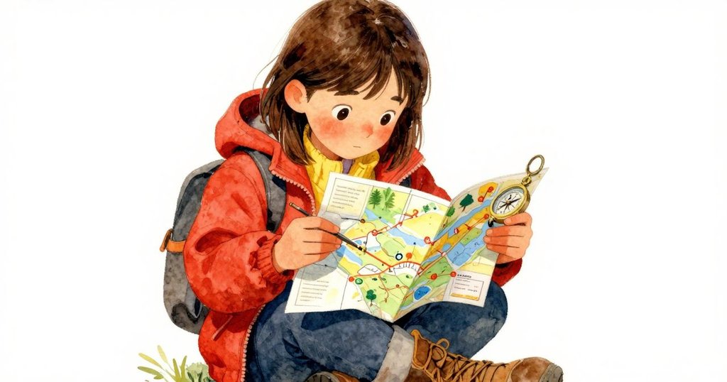 萊拉俯身打開地圖,臉上流露好奇與專注神情,近距離捕捉她探索中細膩情感與自然紋理。